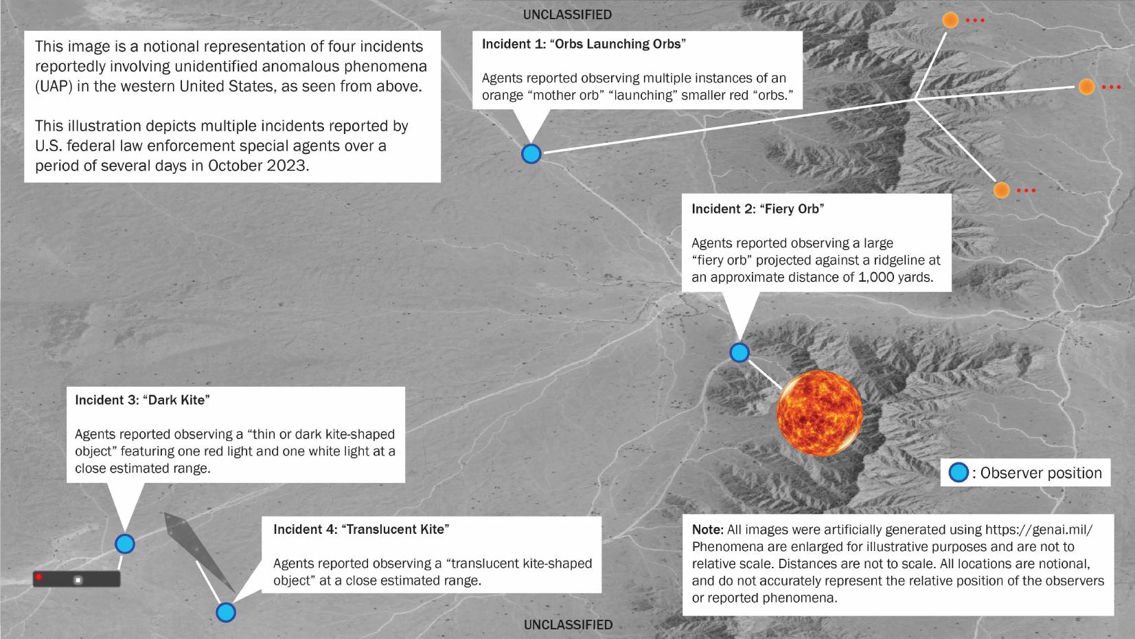 AARO notional map of the Western U.S. Event, showing observer team positions and reported object locations
