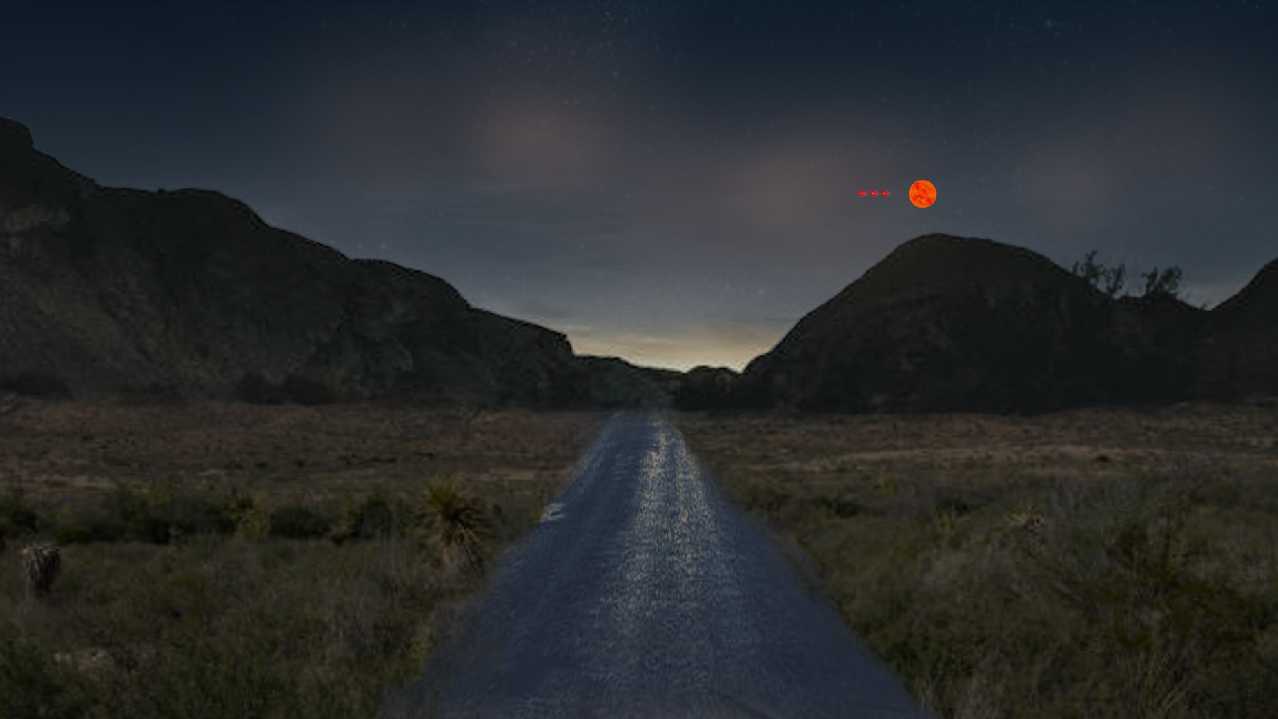 FBI digital rendering of Incident 1-1: an orange orb emitting smaller red orbs at dusk