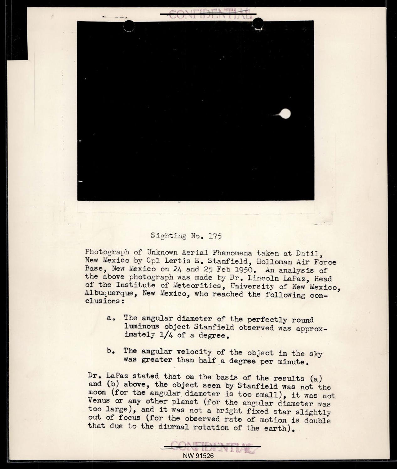 Declassified 1950 file page: Sighting No. 175, photograph of an unknown aerial object at Datil, New Mexico, with Dr. LaPaz's analysis